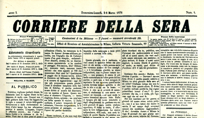testata del Corriere della Sera - primo numero del 1876